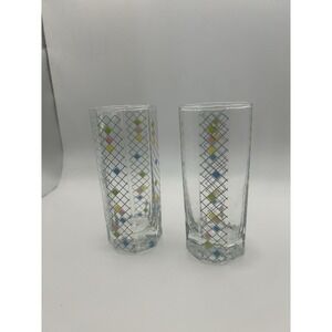 Pair Vintage MCM Juice Glasses Multicolored Checker Design